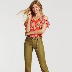 CAbi 5352 Lush Red Pink Floral Cold Shoulder Flutter Sleeve Blouse Women's Small